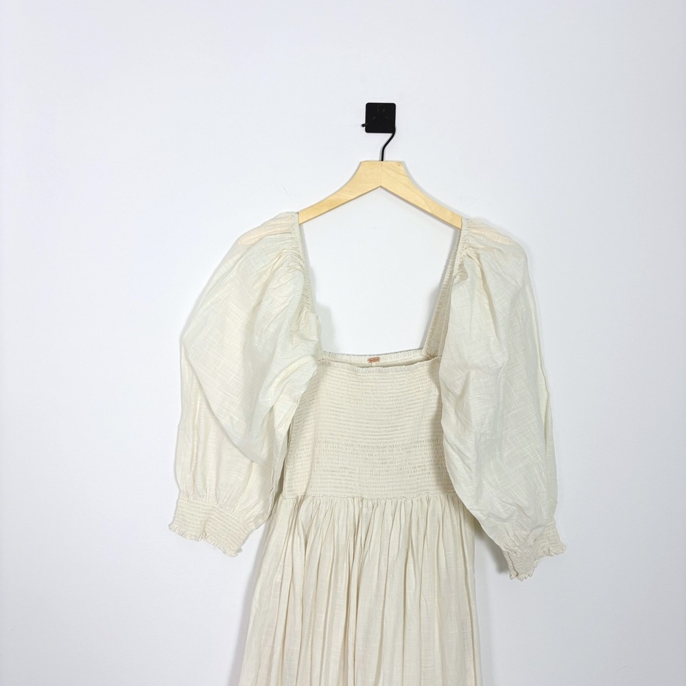 Free People Perfect Storm Midi Dress Ivory Lace Eyelet Smocked Puff Sleeve Small - Picture 3 of 7
